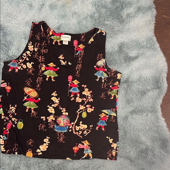 Chico's Black Oriental Print  Sleeveless 2 piece Set - Picture 2 of 7